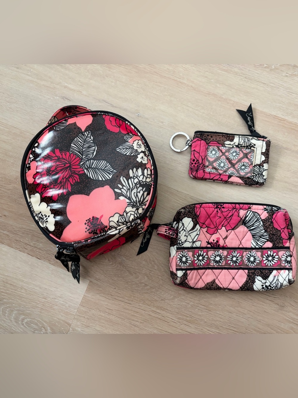 Vera Bradley RETIRED Mocha Rouge Bundle - Cosmetic Case, Make-Up Bag, and Zip ID
